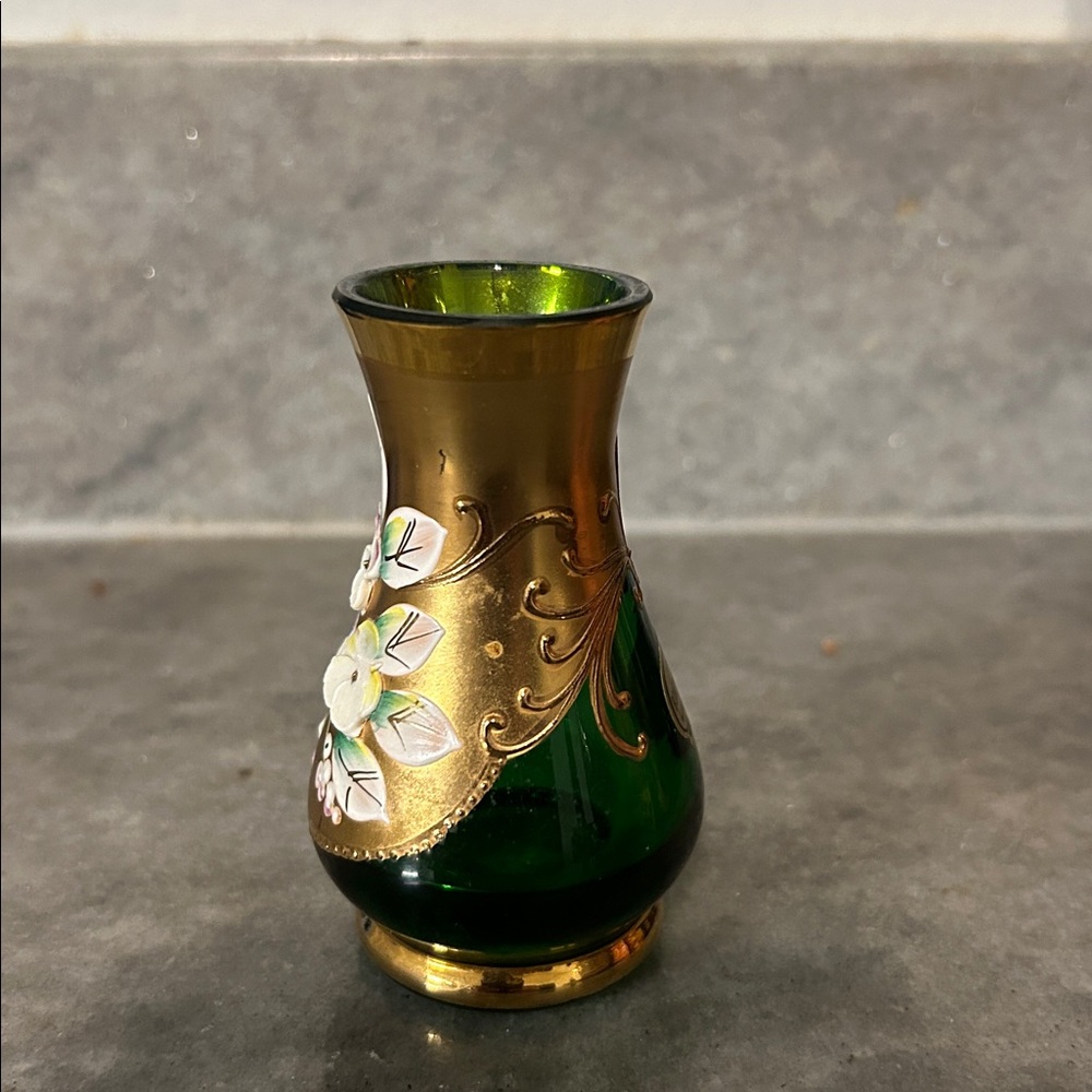 Bohemian Vintage Cobalt blue miniature glass vase, 24k gold enamel green - Picture 4 of 6